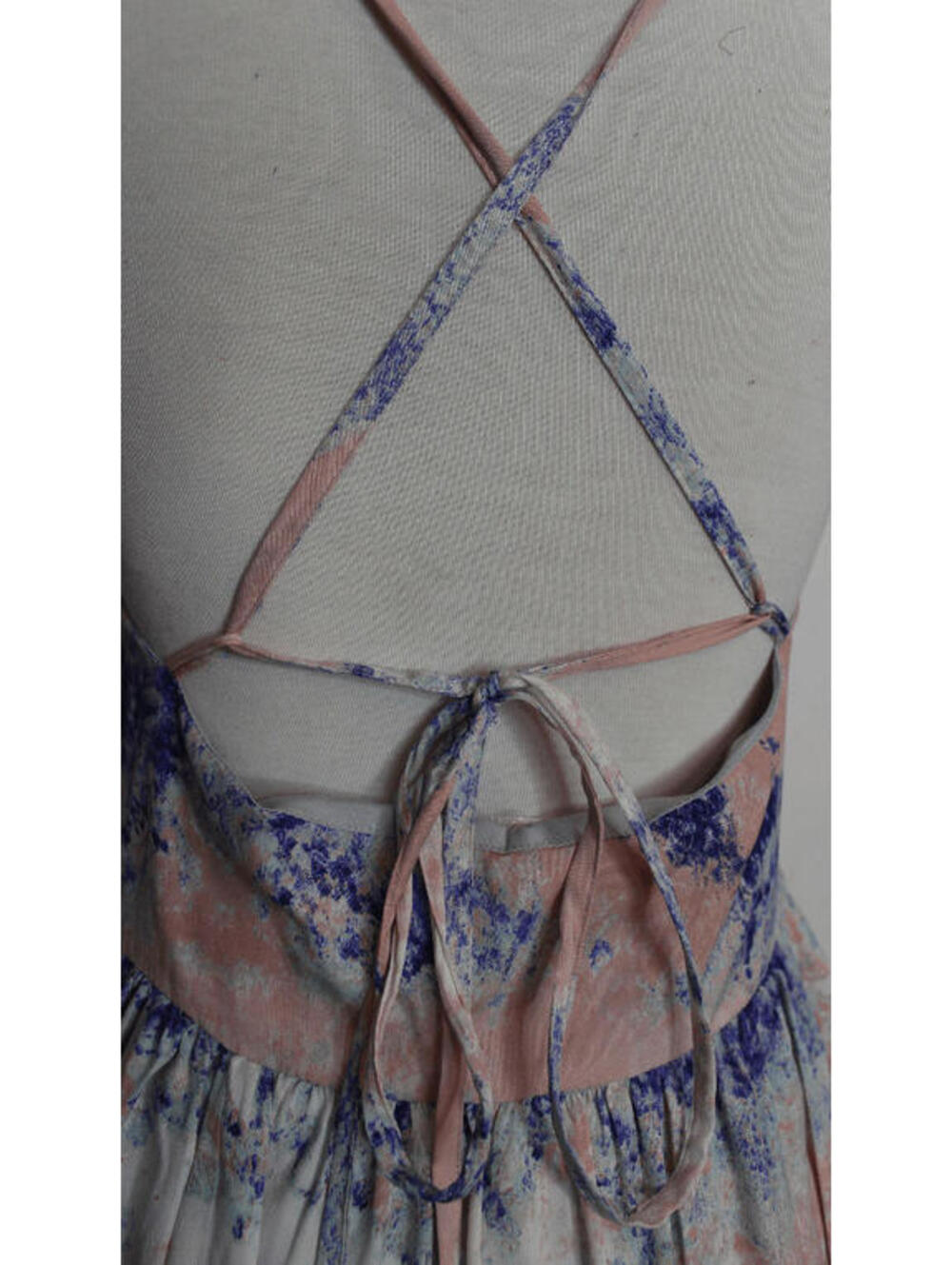 W118 Pink Blue Splatter Spaghetti Strap Peasant Mini Dress - 6 - Picture 4 of 4